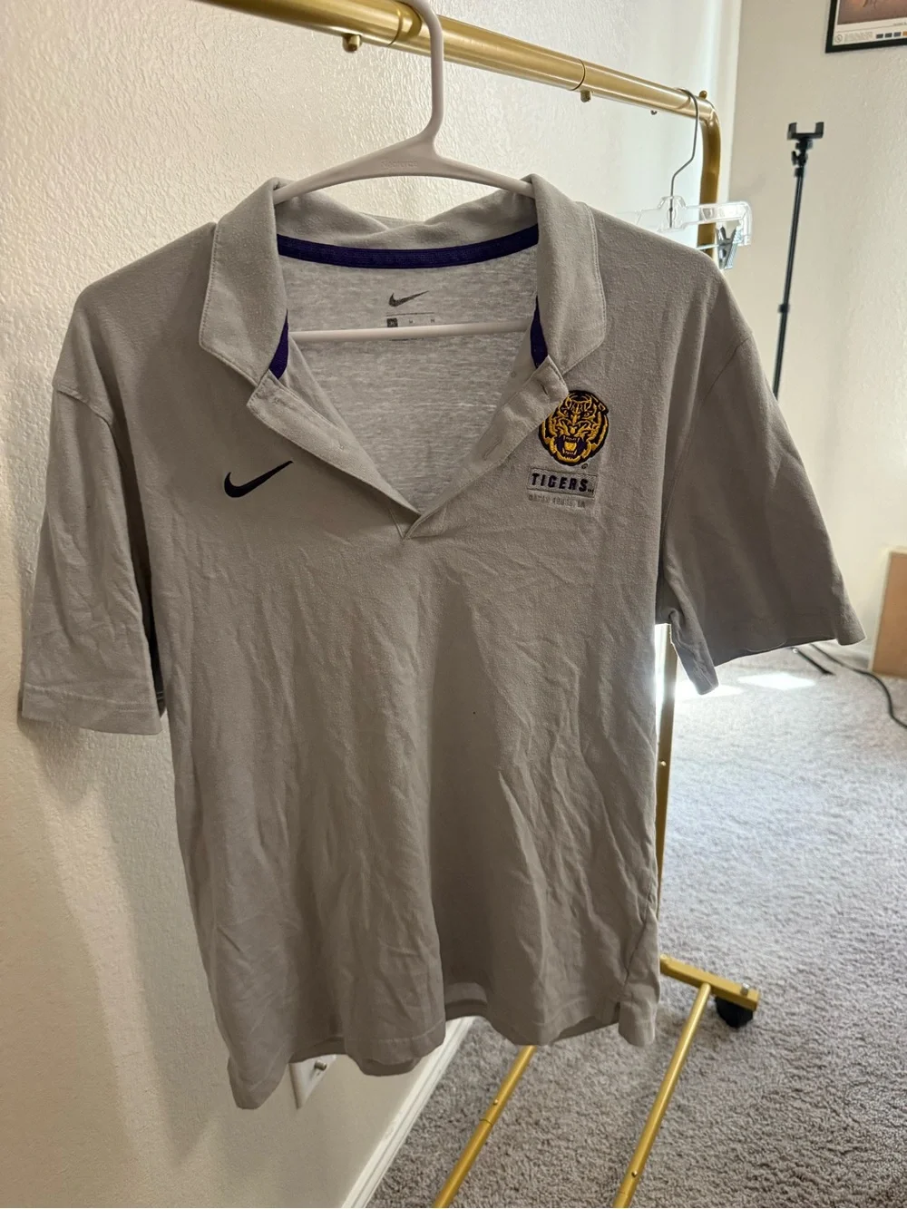 Nike Grey Polo with Purple Trim and Tigers Logo